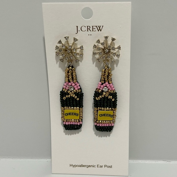 NWT J. Crew Factory Champagne Beaded Rhinestone Dangly Statement Earrings - Picture 3 of 4